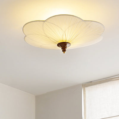 Traditional French Wood Hardware Plum Blossom Fabric Shade 3-Light Semi-Flush Mount Ceiling Light For Living Room