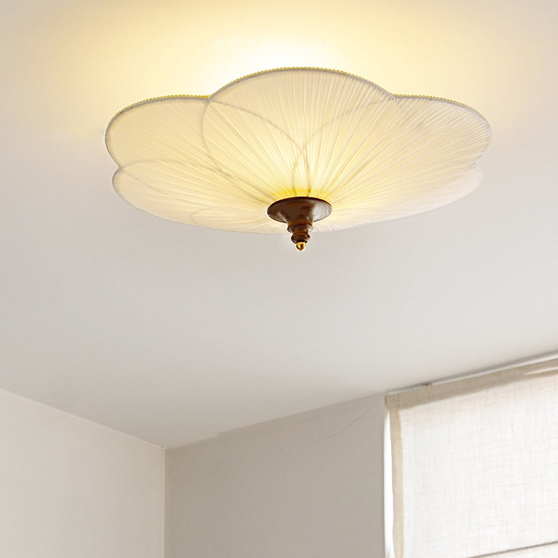 Traditional French Wood Hardware Plum Blossom Fabric Shade 3-Light Semi-Flush Mount Ceiling Light For Living Room