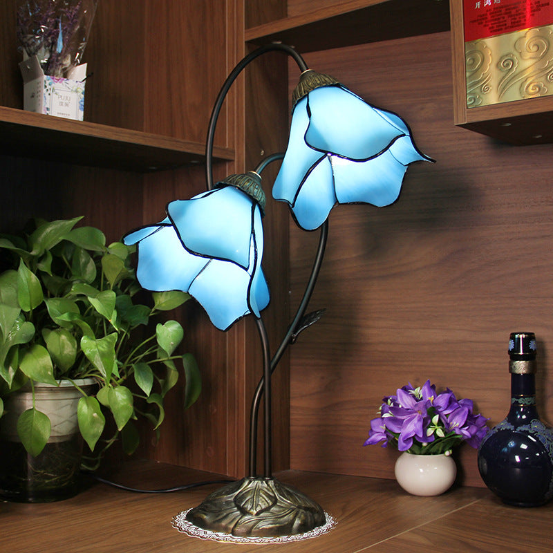 Traditional European Lotus Glass Shade Resin Base 2-Light Table Lamp For Bedroom