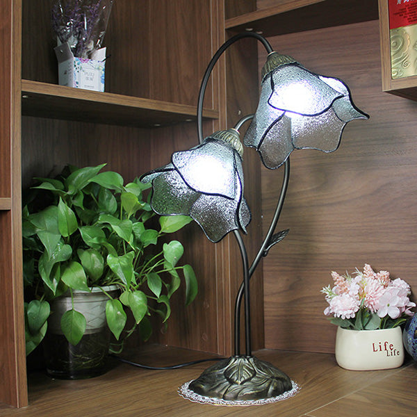 Traditional European Lotus Glass Shade Resin Base 2-Light Table Lamp For Bedroom