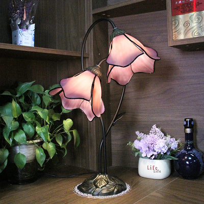 Traditional European Lotus Glass Shade Resin Base 2-Light Table Lamp For Bedroom