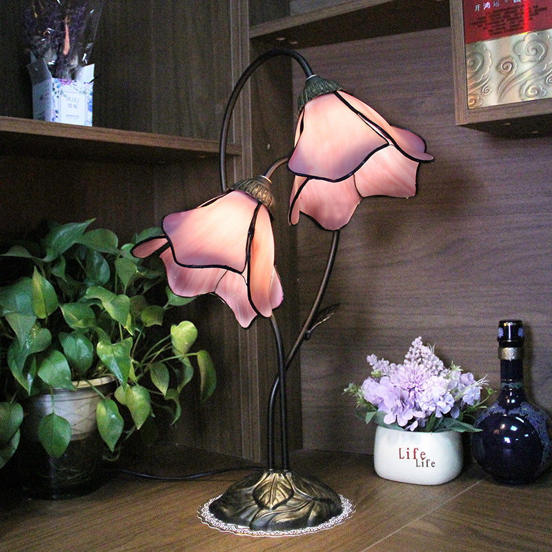 Traditional European Lotus Glass Shade Resin Base 2-Light Table Lamp For Bedroom