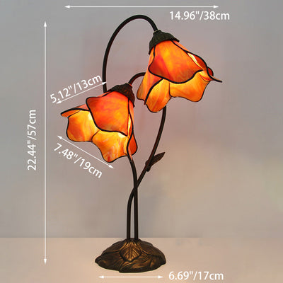 Traditional European Lotus Glass Shade Resin Base 2-Light Table Lamp For Bedroom