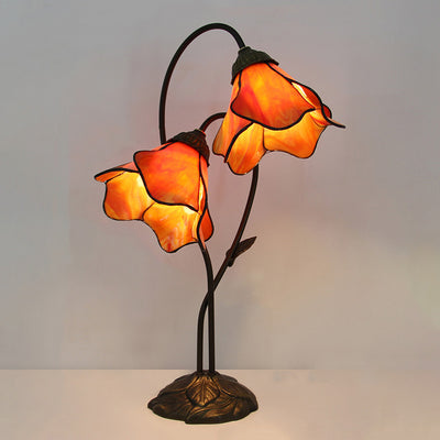 Traditional European Lotus Glass Shade Resin Base 2-Light Table Lamp For Bedroom