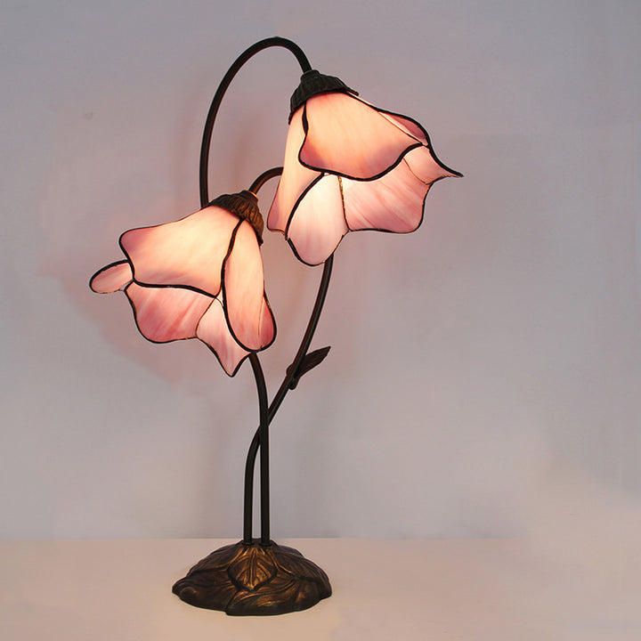 Traditional European Lotus Glass Shade Resin Base 2-Light Table Lamp For Bedroom