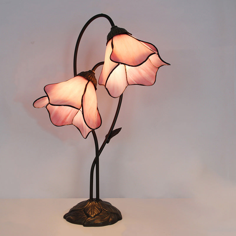 Traditional European Lotus Glass Shade Resin Base 2-Light Table Lamp For Bedroom