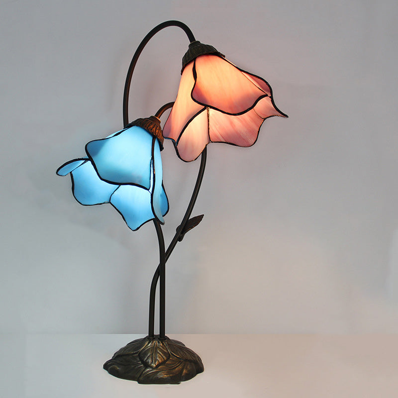 Traditional European Lotus Glass Shade Resin Base 2-Light Table Lamp For Bedroom