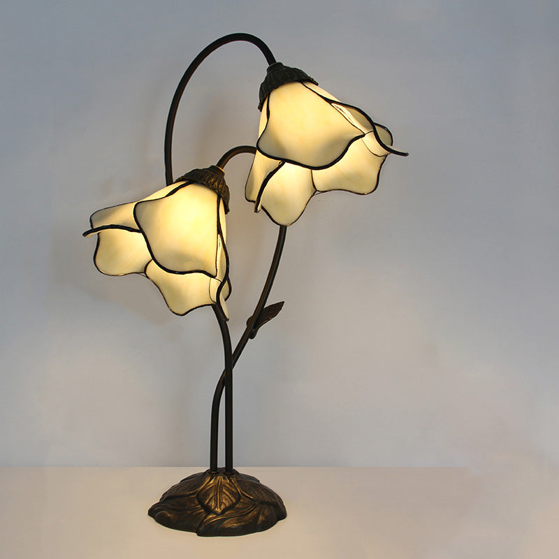 Traditional European Lotus Glass Shade Resin Base 2-Light Table Lamp For Bedroom