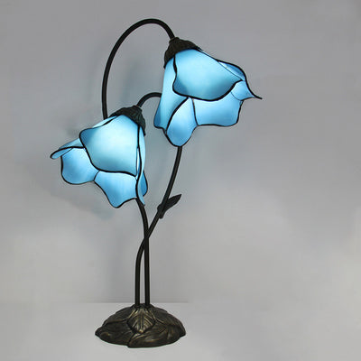 Traditional European Lotus Glass Shade Resin Base 2-Light Table Lamp For Bedroom