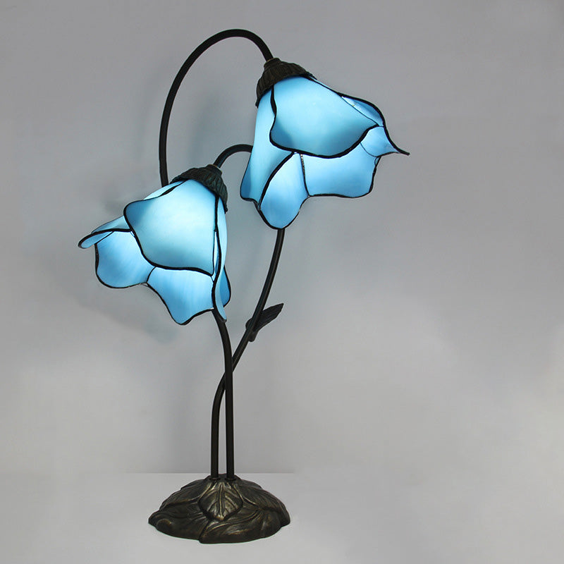 Traditional European Lotus Glass Shade Resin Base 2-Light Table Lamp For Bedroom