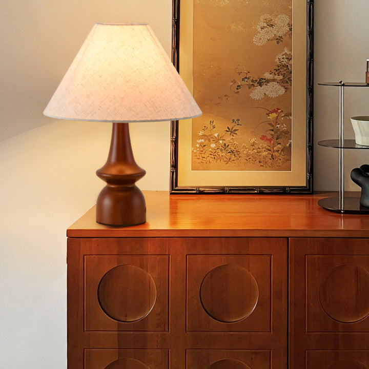 Traditionelle japanische bedruckte Stoffkegelschirm Tischlampe aus Massivholz mit 1 Licht für das Schlafzimmer 