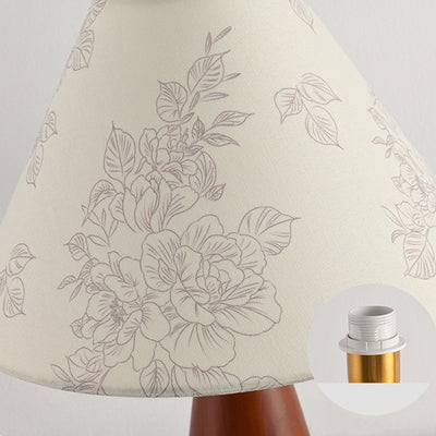Traditional Japanese Printed Fabric Conical Shade Solid Wood 1-Light Table Lamp For Bedroom