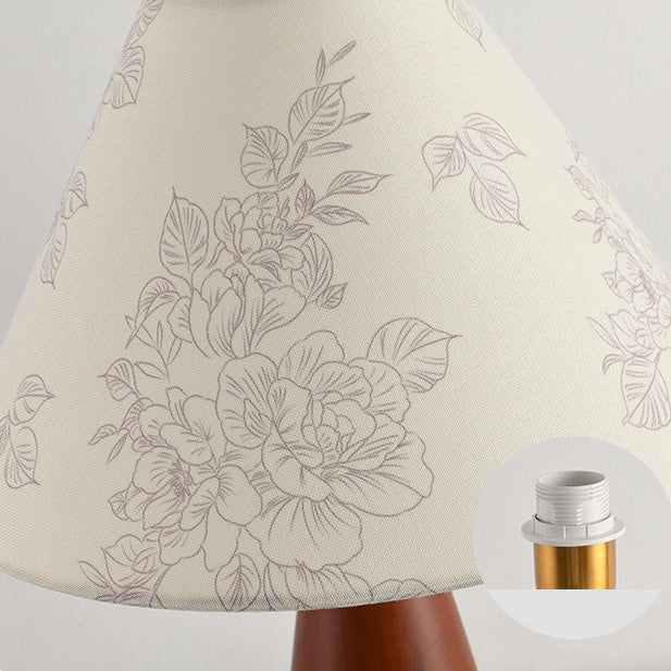 Traditional Japanese Printed Fabric Conical Shade Solid Wood 1-Light Table Lamp For Bedroom