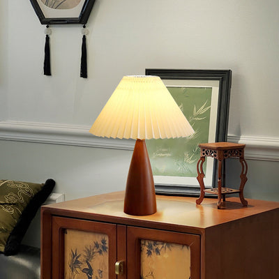 Traditional Japanese Printed Fabric Conical Shade Solid Wood 1-Light Table Lamp For Bedroom