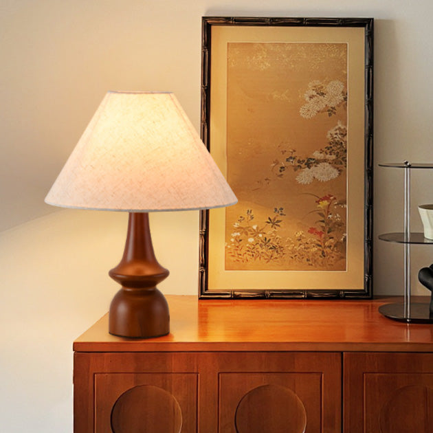 Traditional Japanese Printed Fabric Conical Shade Solid Wood 1-Light Table Lamp For Bedroom