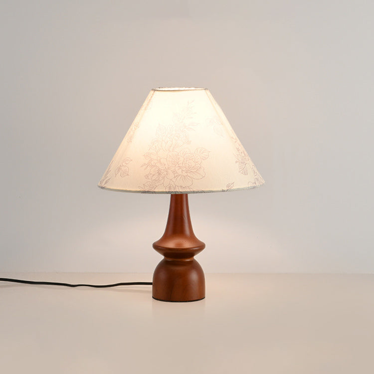 Traditional Japanese Printed Fabric Conical Shade Solid Wood 1-Light Table Lamp For Bedroom