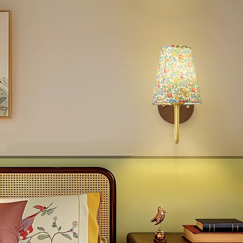 Traditional Vintage Copper Solid Wood Fabric Round Shade 1-Light Wall Sconce Lamp For Living Room