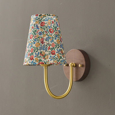 Traditional Vintage Copper Solid Wood Fabric Round Shade 1-Light Wall Sconce Lamp For Living Room