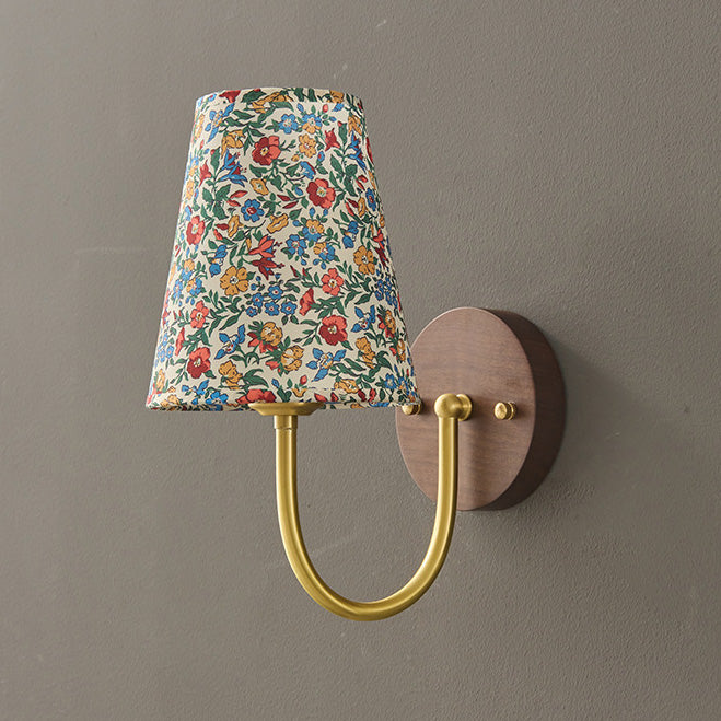 Traditional Vintage Copper Solid Wood Fabric Round Shade 1-Light Wall Sconce Lamp For Living Room