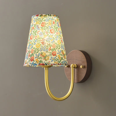 Traditional Vintage Copper Solid Wood Fabric Round Shade 1-Light Wall Sconce Lamp For Living Room