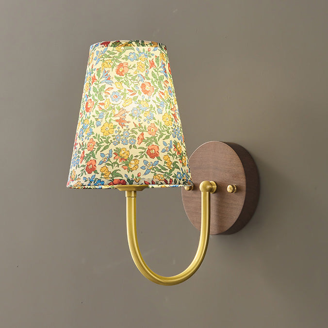 Traditional Vintage Copper Solid Wood Fabric Round Shade 1-Light Wall Sconce Lamp For Living Room