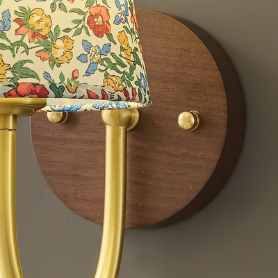 Traditional Vintage Copper Solid Wood Fabric Round Shade 1-Light Wall Sconce Lamp For Living Room