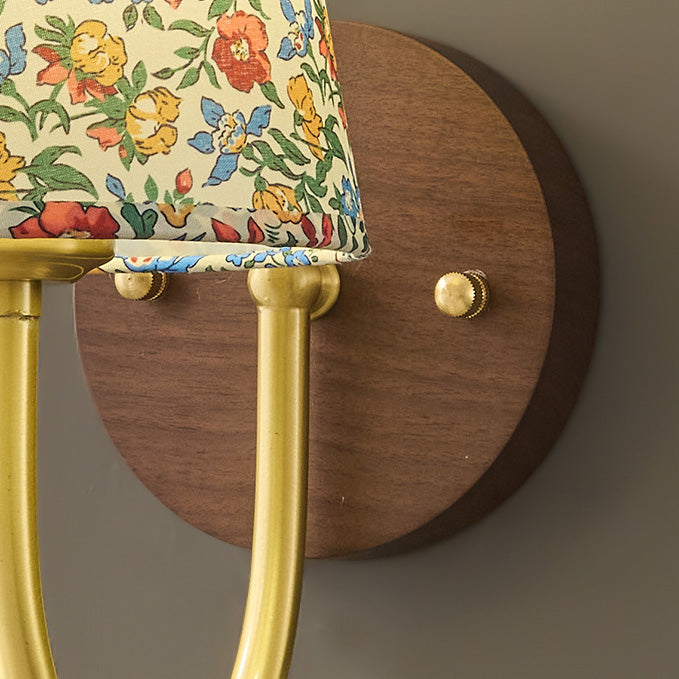 Traditional Vintage Copper Solid Wood Fabric Round Shade 1-Light Wall Sconce Lamp For Living Room