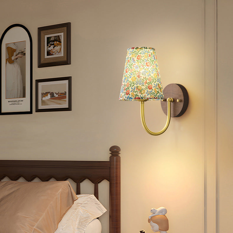 Traditional Vintage Copper Solid Wood Fabric Round Shade 1-Light Wall Sconce Lamp For Living Room