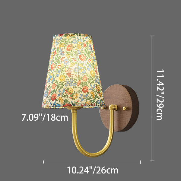 Traditional Vintage Copper Solid Wood Fabric Round Shade 1-Light Wall Sconce Lamp For Living Room