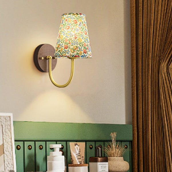 Traditional Vintage Copper Solid Wood Fabric Round Shade 1-Light Wall Sconce Lamp For Living Room