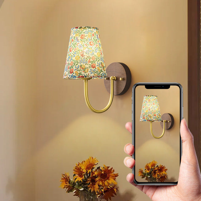Traditional Vintage Copper Solid Wood Fabric Round Shade 1-Light Wall Sconce Lamp For Living Room