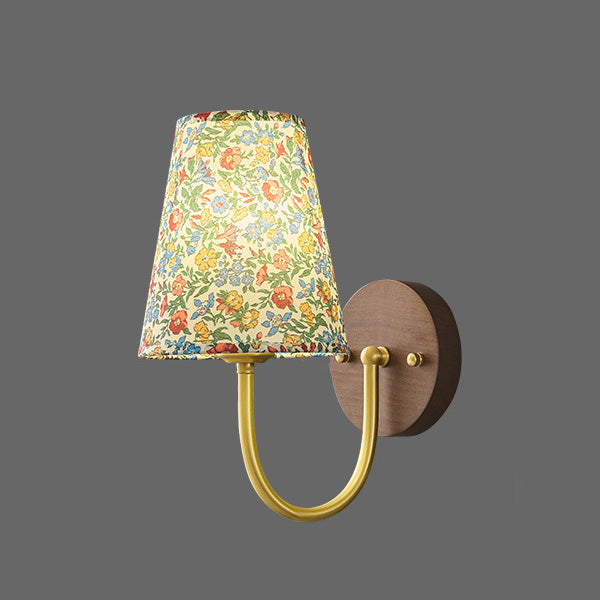 Traditional Vintage Copper Solid Wood Fabric Round Shade 1-Light Wall Sconce Lamp For Living Room