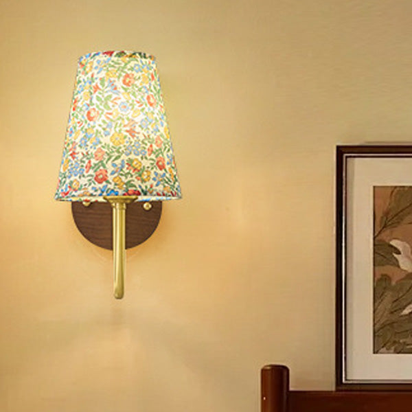 Traditional Vintage Copper Solid Wood Fabric Round Shade 1-Light Wall Sconce Lamp For Living Room