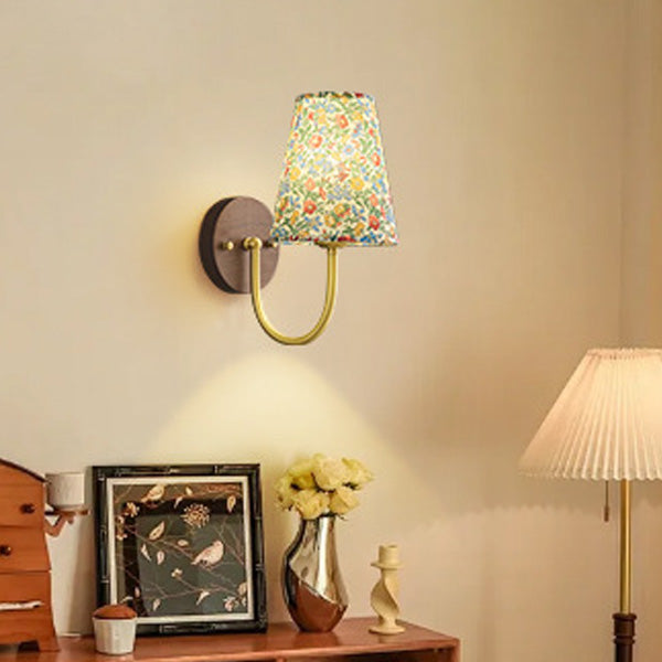 Traditional Vintage Copper Solid Wood Fabric Round Shade 1-Light Wall Sconce Lamp For Living Room