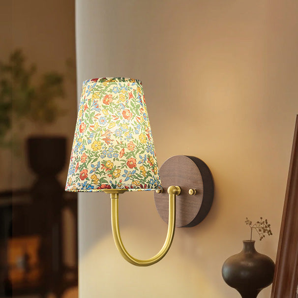 Traditional Vintage Copper Solid Wood Fabric Round Shade 1-Light Wall Sconce Lamp For Living Room