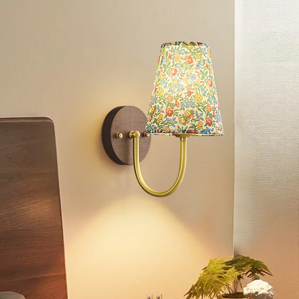 Traditional Vintage Copper Solid Wood Fabric Round Shade 1-Light Wall Sconce Lamp For Living Room