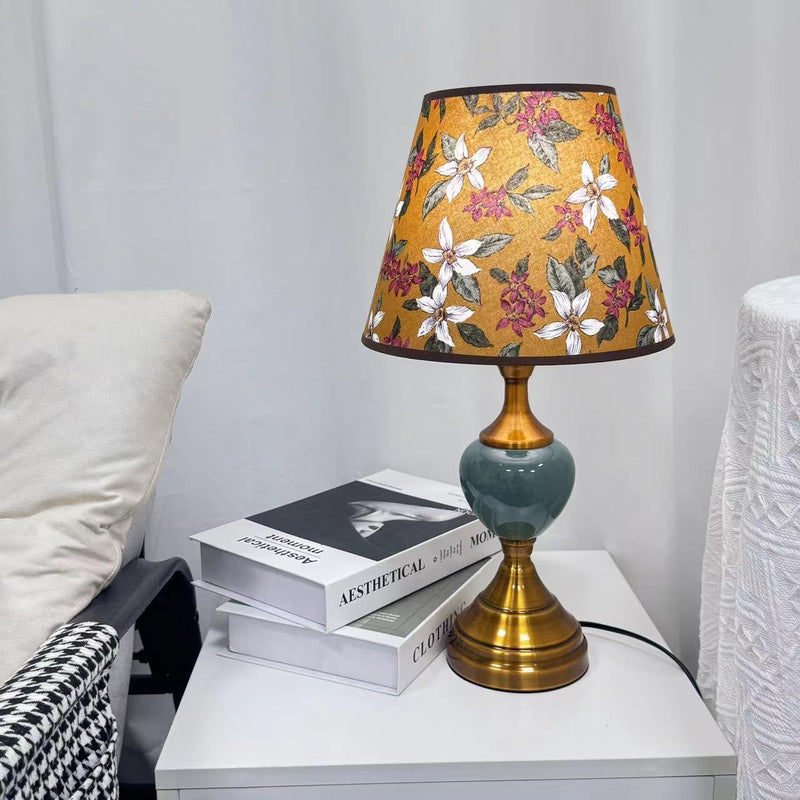 Traditional European Ceramic Hardware Base Fabric Shade 1-Light Table Lamp For Bedroom