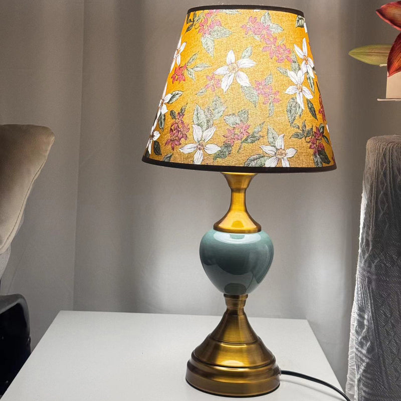 Traditional European Ceramic Hardware Base Fabric Shade 1-Light Table Lamp For Bedroom