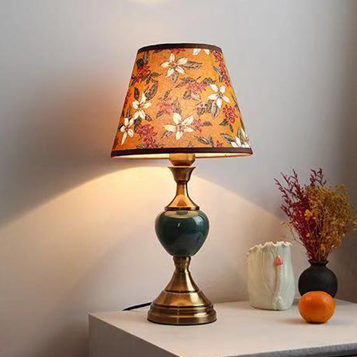 Traditional European Ceramic Hardware Base Fabric Shade 1-Light Table Lamp For Bedroom
