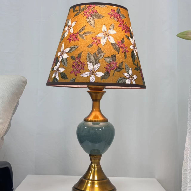 Traditional European Ceramic Hardware Base Fabric Shade 1-Light Table Lamp For Bedroom