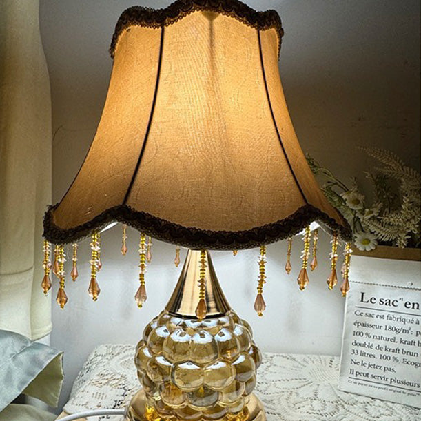 Traditional European Glass Base Fabric Tassel Shade 1-Light Table Lamp For Bedroom