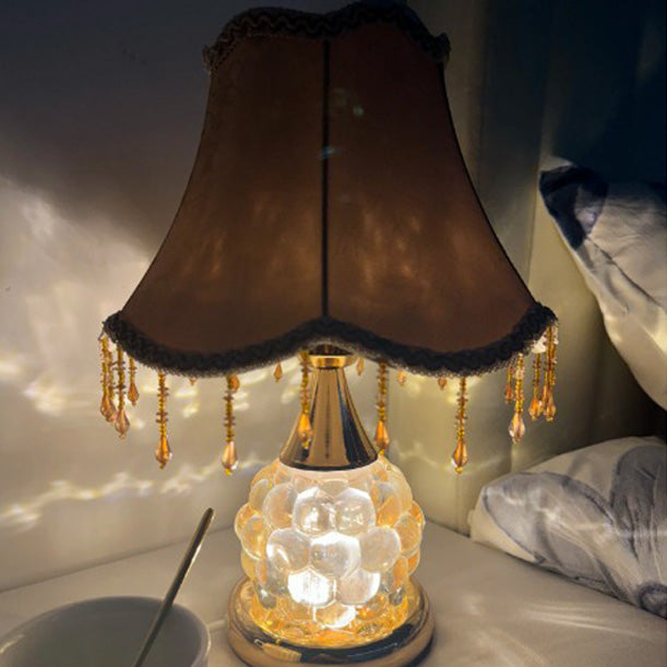 Traditional European Glass Base Fabric Tassel Shade 1-Light Table Lamp For Bedroom