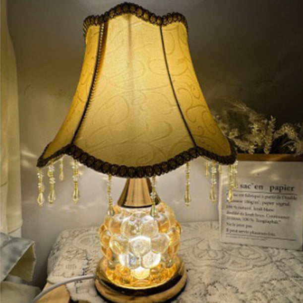 Traditional European Glass Base Fabric Tassel Shade 1-Light Table Lamp For Bedroom