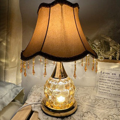 Traditional European Glass Base Fabric Tassel Shade 1-Light Table Lamp For Bedroom