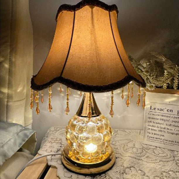 Traditional European Glass Base Fabric Tassel Shade 1-Light Table Lamp For Bedroom