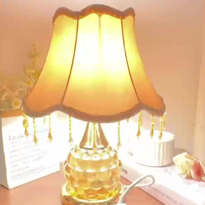 Traditional European Glass Base Fabric Tassel Shade 1-Light Table Lamp For Bedroom