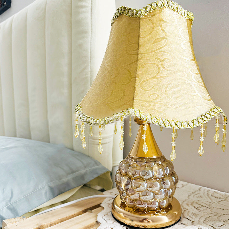 Traditional European Glass Base Fabric Tassel Shade 1-Light Table Lamp For Bedroom