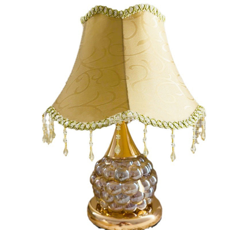 Traditional European Glass Base Fabric Tassel Shade 1-Light Table Lamp For Bedroom