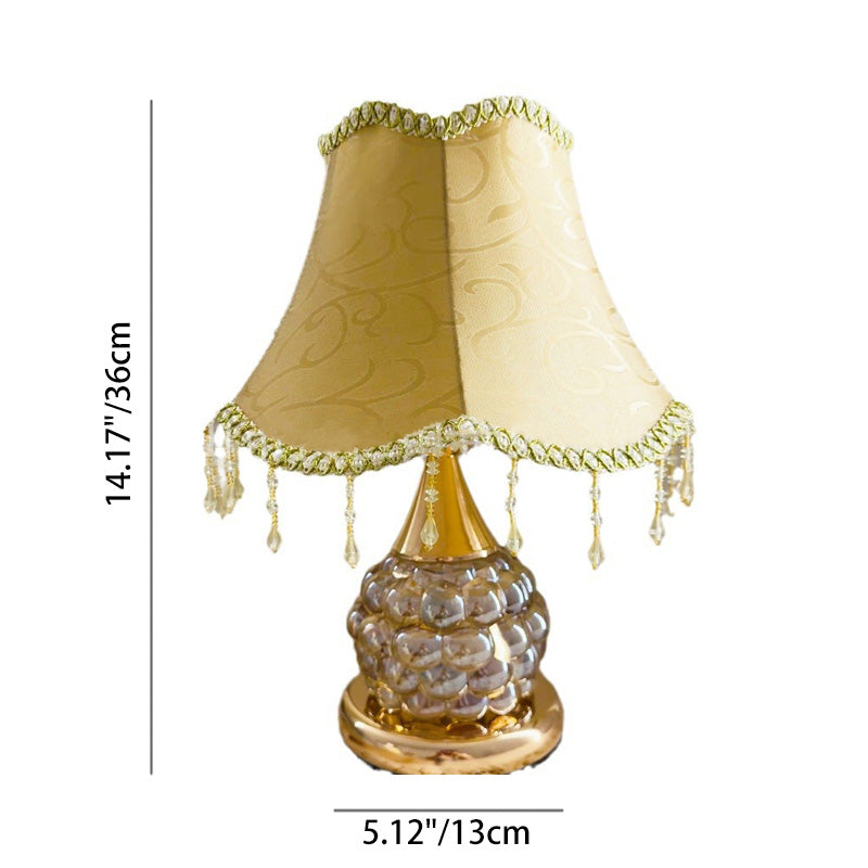 Traditional European Glass Base Fabric Tassel Shade 1-Light Table Lamp For Bedroom
