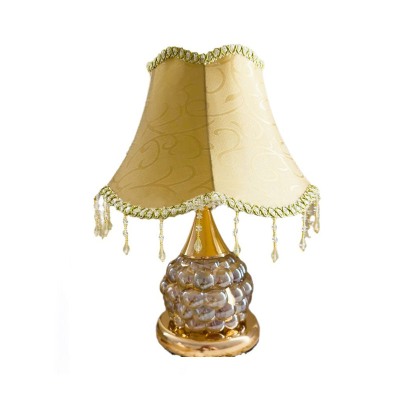 Traditional European Glass Base Fabric Tassel Shade 1-Light Table Lamp For Bedroom